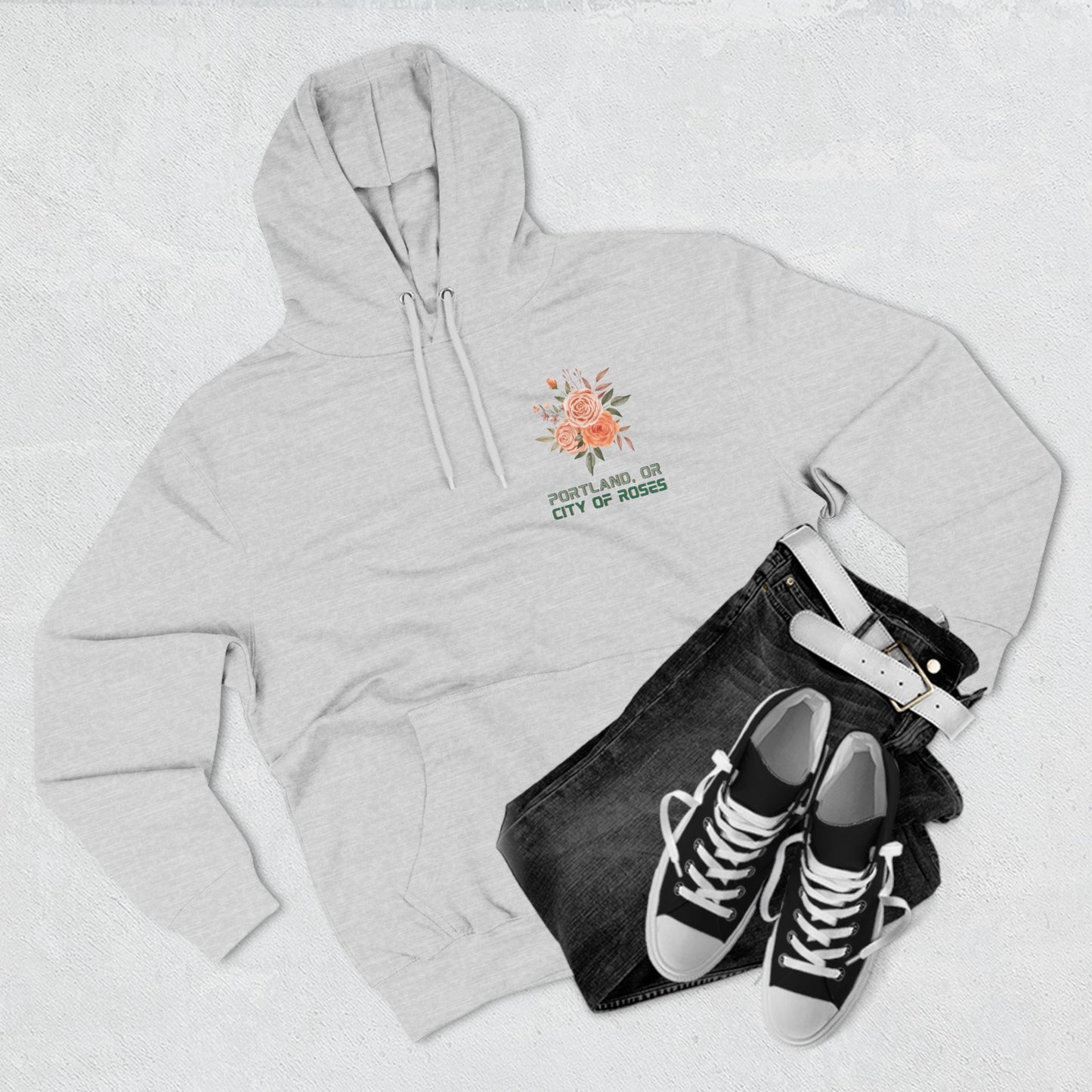 "Portland City of Roses" Fleece Hoodie - Cozy Flower Graphic Pullover Hoodie