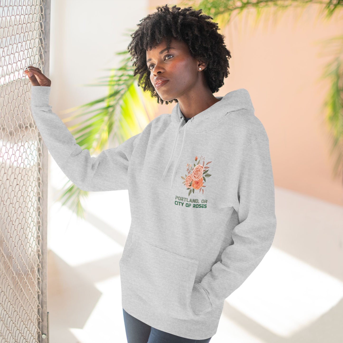 "Portland City of Roses" Fleece Hoodie - Cozy Flower Graphic Pullover Hoodie