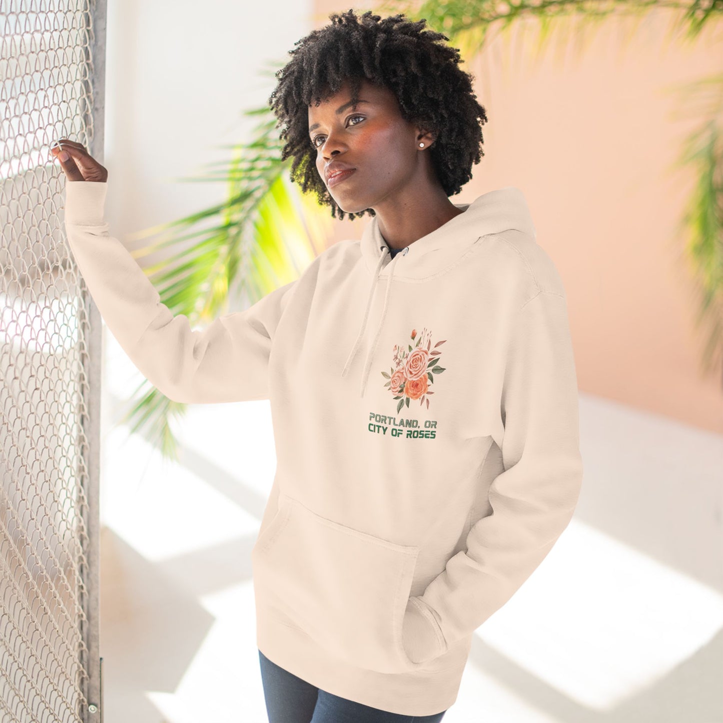 "Portland City of Roses" Fleece Hoodie - Cozy Flower Graphic Pullover Hoodie