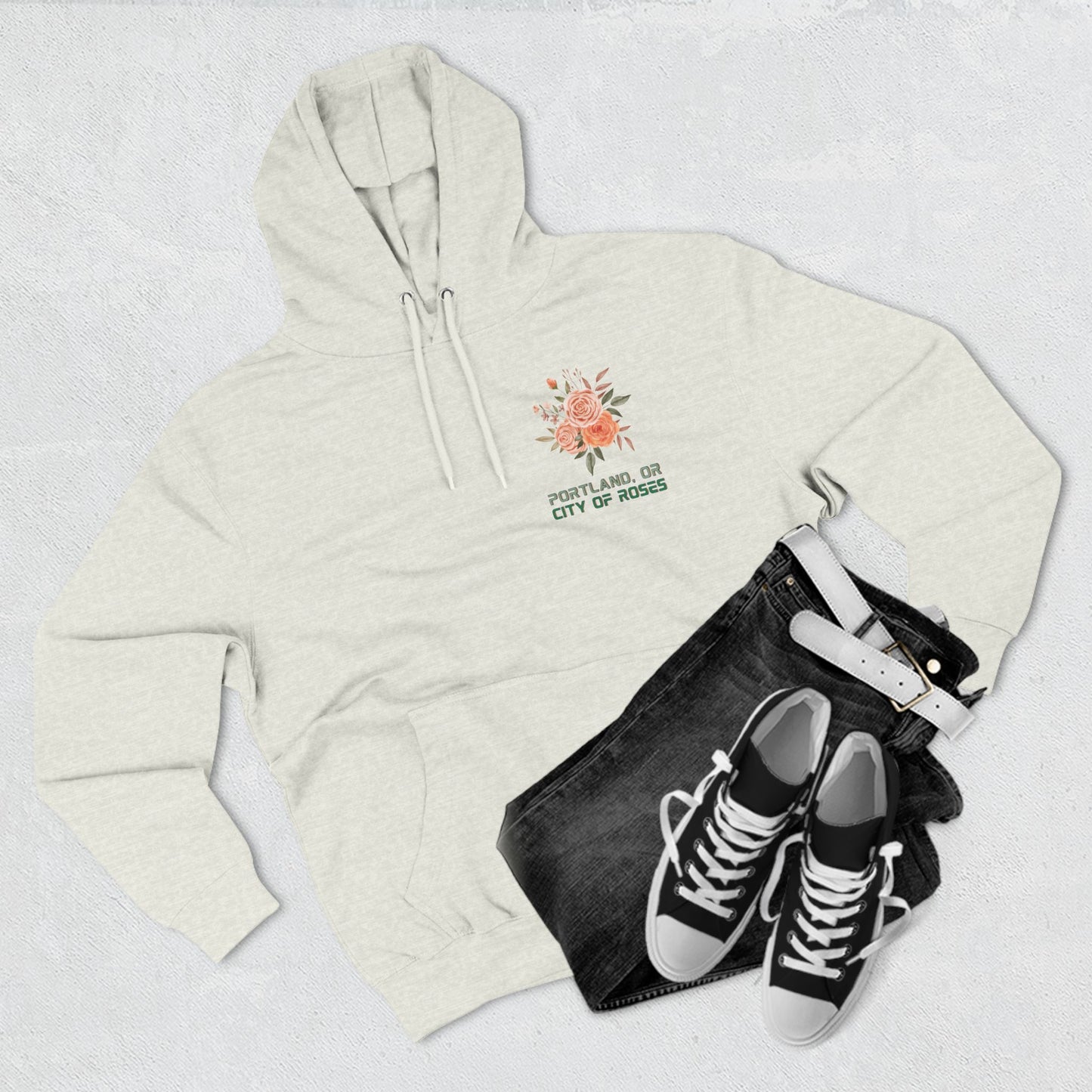 "Portland City of Roses" Fleece Hoodie - Cozy Flower Graphic Pullover Hoodie