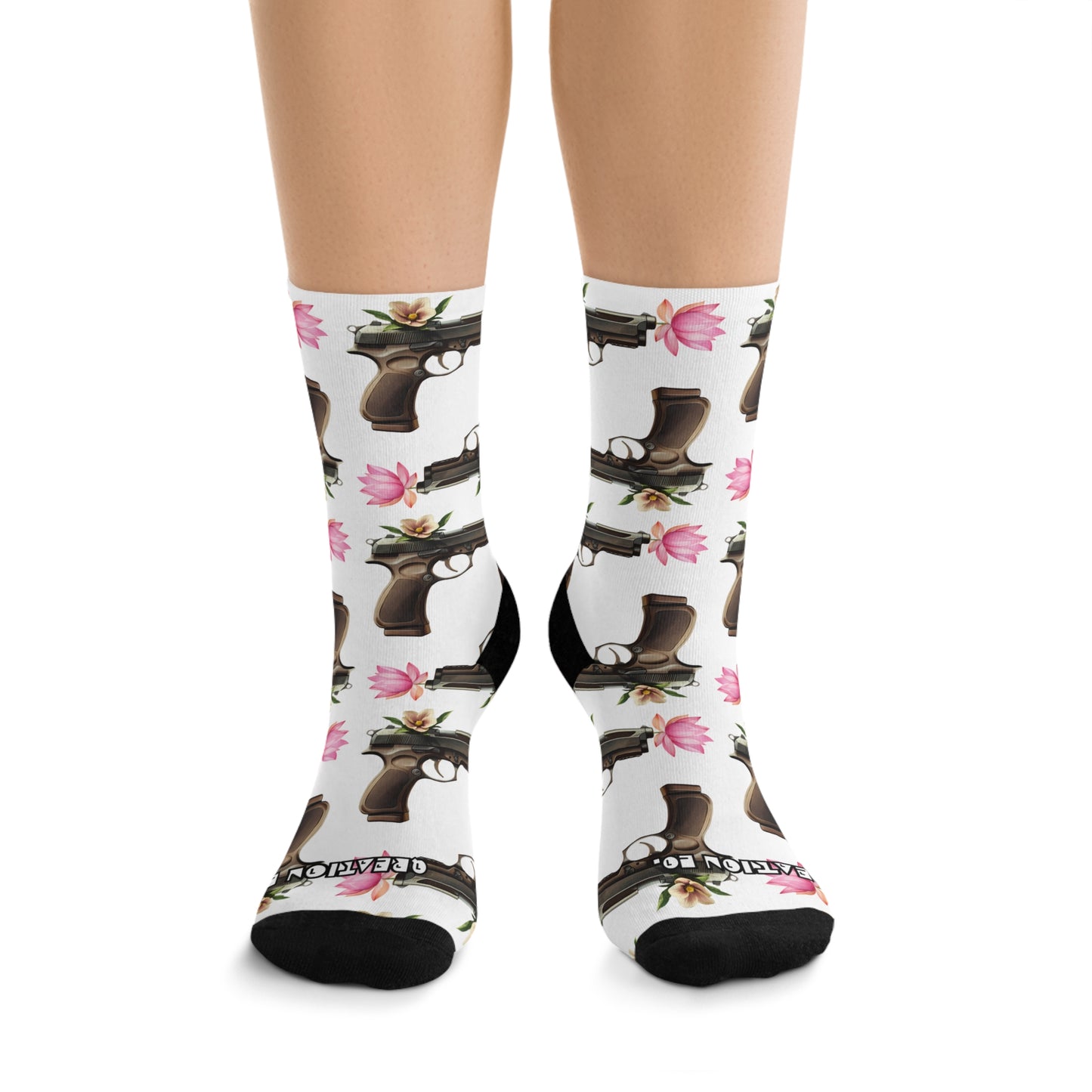 "Love Not War" Edgy Crew Socks with Gun Flower Design - Unisex Eco-Friendly Graphic Socks