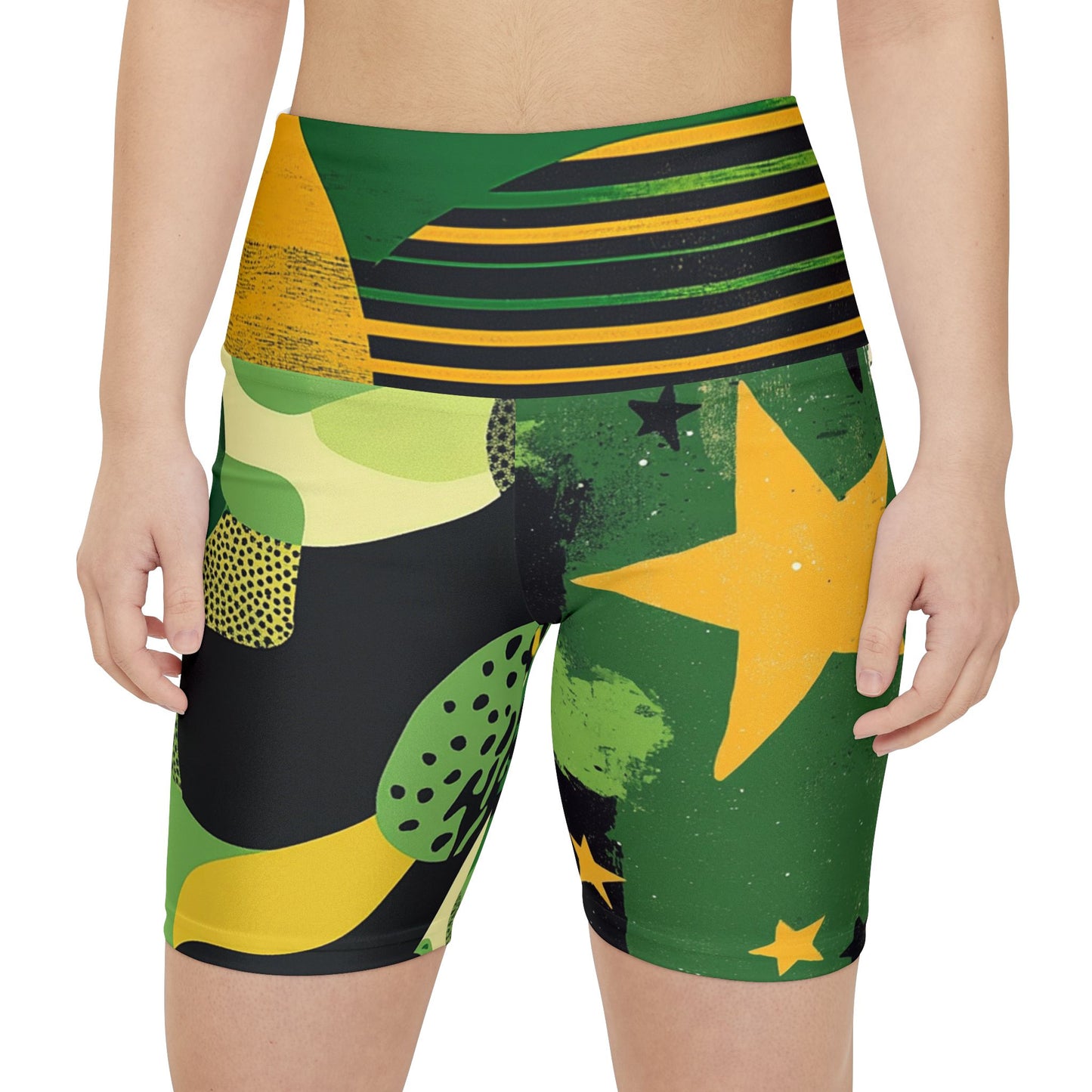 Fatigue Me - Stylish Women's Workout Legging Shorts - Vibrant Green Star Design for Active Lifestyle